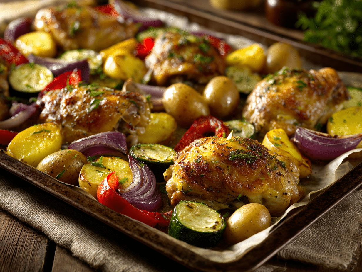 Sheet Pan Lemon Herb Chicken and Veggies for a Bright, Cozy Weeknight 4 Sheet Pan Lemon Herb Chicken and Veggies on a roasting tray