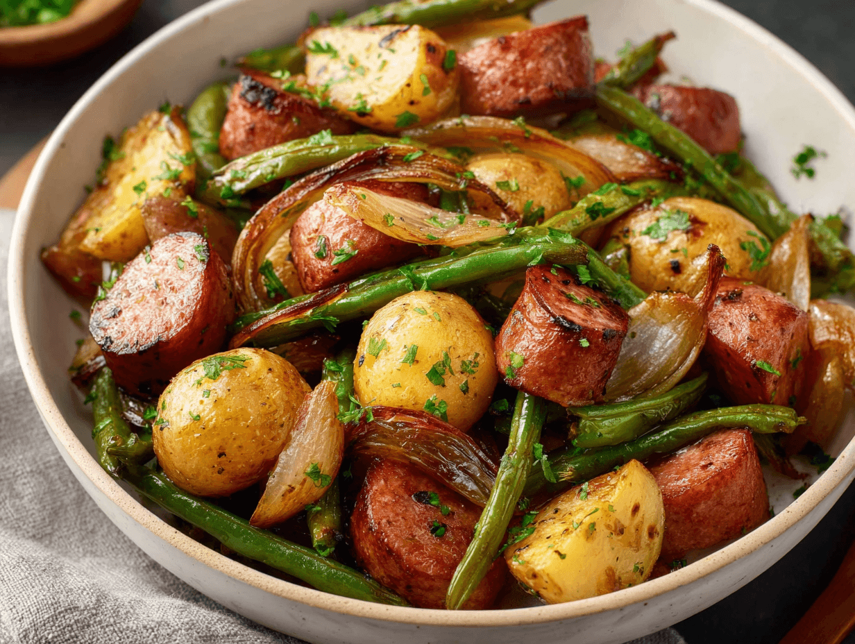 Sheet Pan Sausage, Potatoes & Green Beans: Easy, Comforting One-Pan Dinner 4 Sheet Pan Sausage, Potatoes & Green Beans in a serving bowl