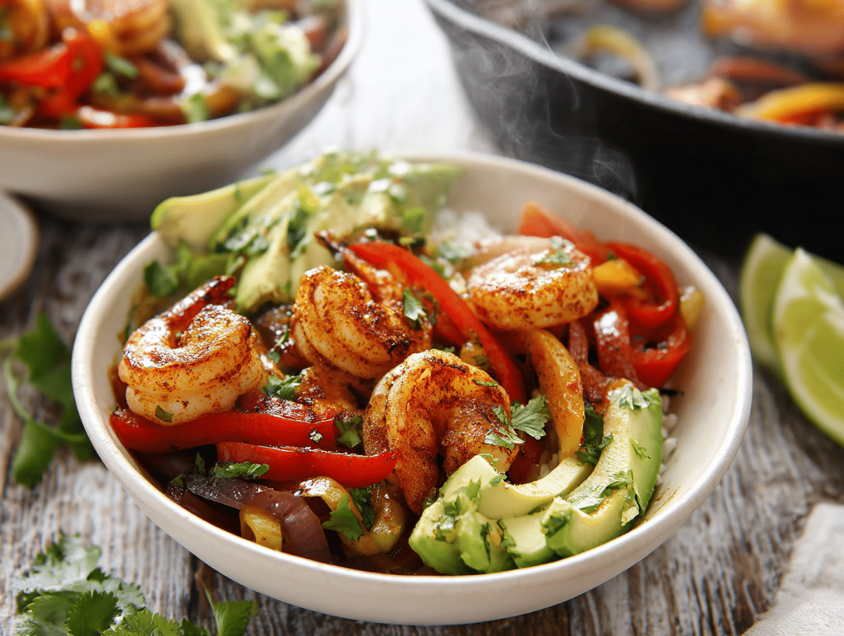 Shrimp Fajita Bowls for a Bold, Cozy Weeknight Win 4 Shrimp Fajita Bowls with cast iron fajita shrimp and peppers