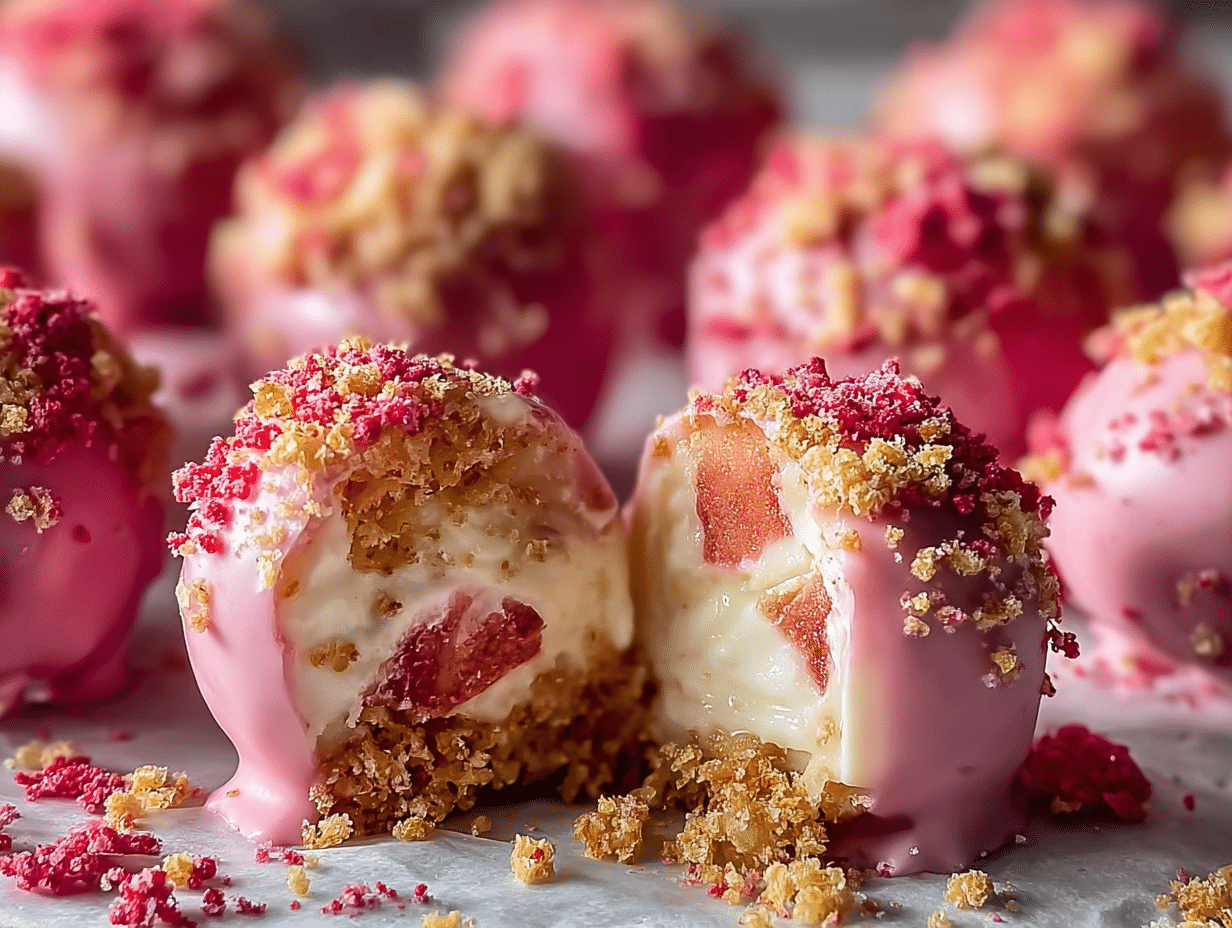 Strawberry Crunch Cheesecake Bites: Amazing 7-Step No-Bake Win 4 Strawberry Crunch Cheesecake Bites split open showing creamy cheesecake center and strawberry crunch coating