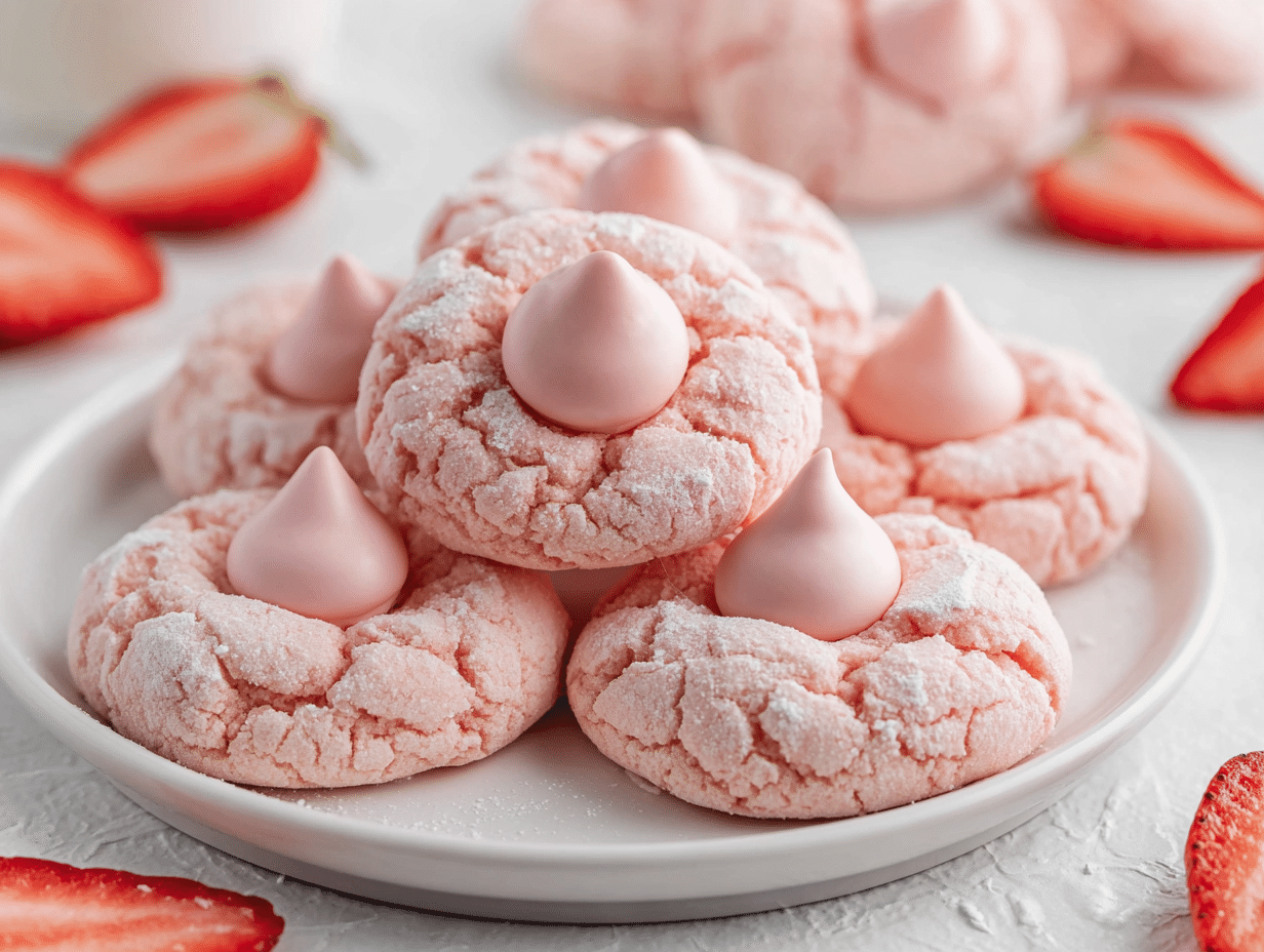 Strawberry Kiss Cookies: 6 Easy Soft Cookies Everyone Loves 1 Strawberry Kiss Cookies topped with pink strawberry chocolate kisses on a white plate