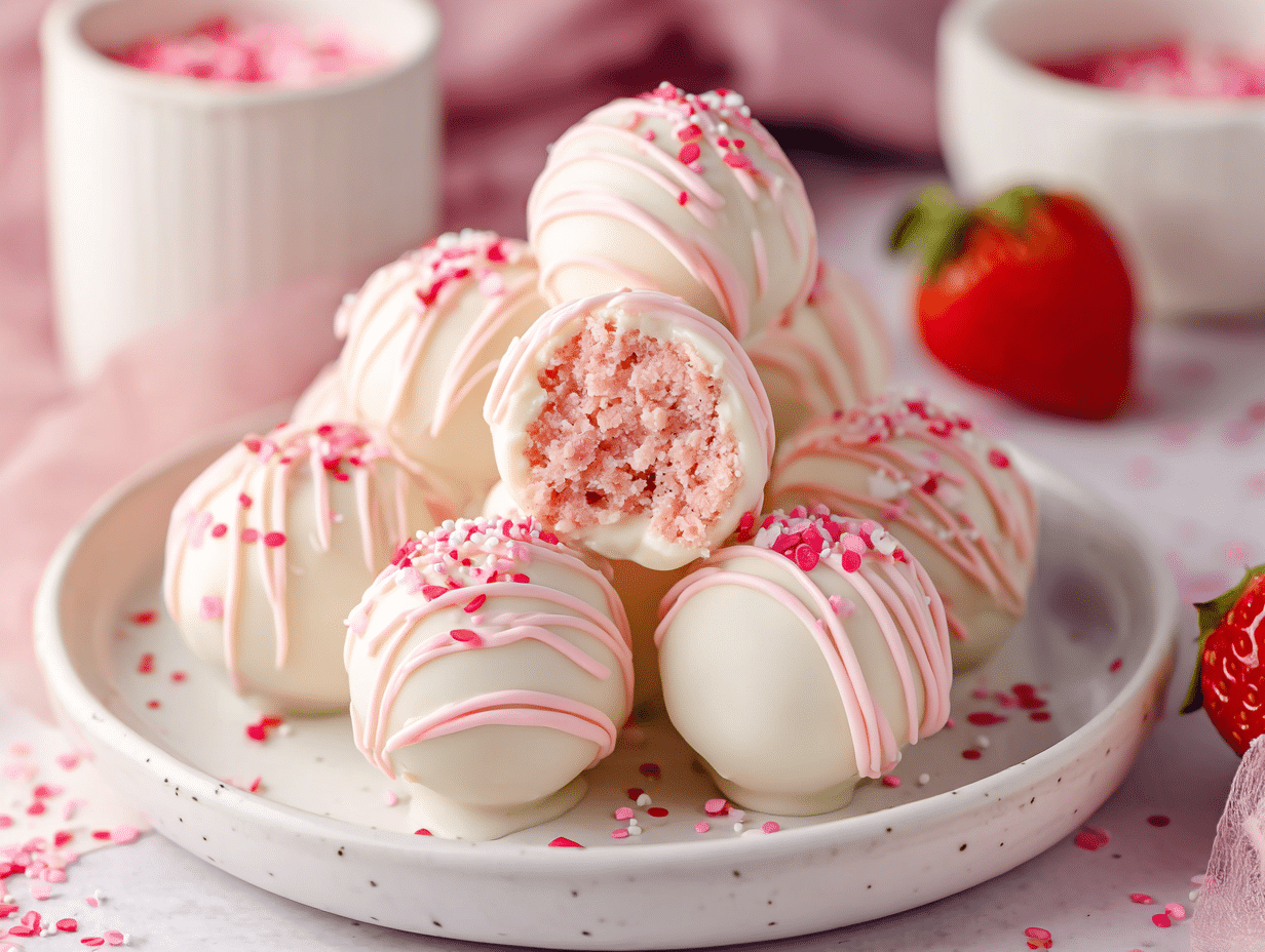 Strawberry No-Bake Cake Balls That Are Easy, Creamy, and Party-Perfect 4 Strawberry no-bake cake balls coated in white chocolate on a serving plate