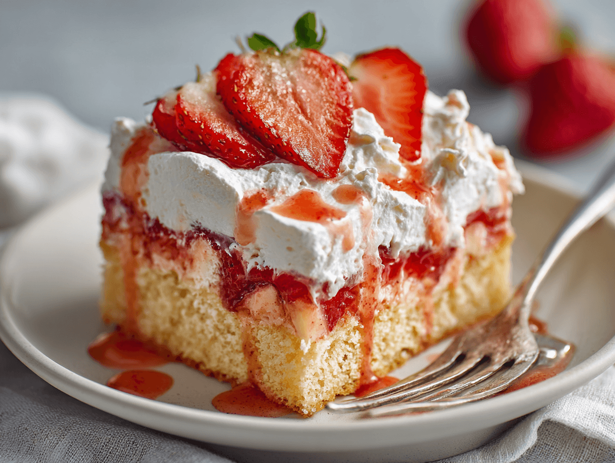 Served slice of strawberry tres leches sheet cake on a plate