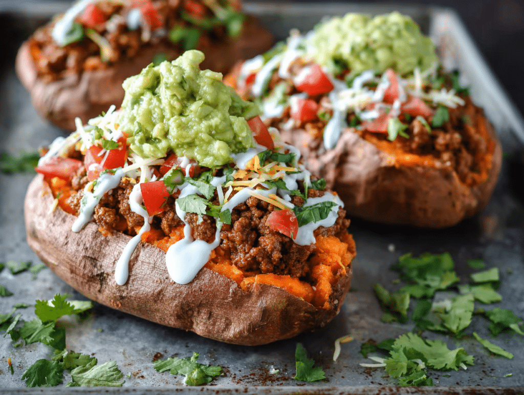 Taco Stuffed Sweet Potatoes topped with taco beef, guacamole, tomatoes, and cilantro