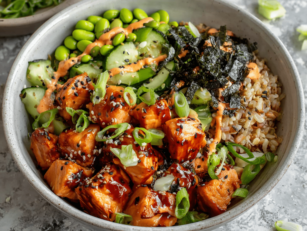 Teriyaki Salmon Rice Bowls That Taste Better Than Takeout 4 Teriyaki Salmon Rice Bowls with edamame, cucumber, nori, and sriracha mayo