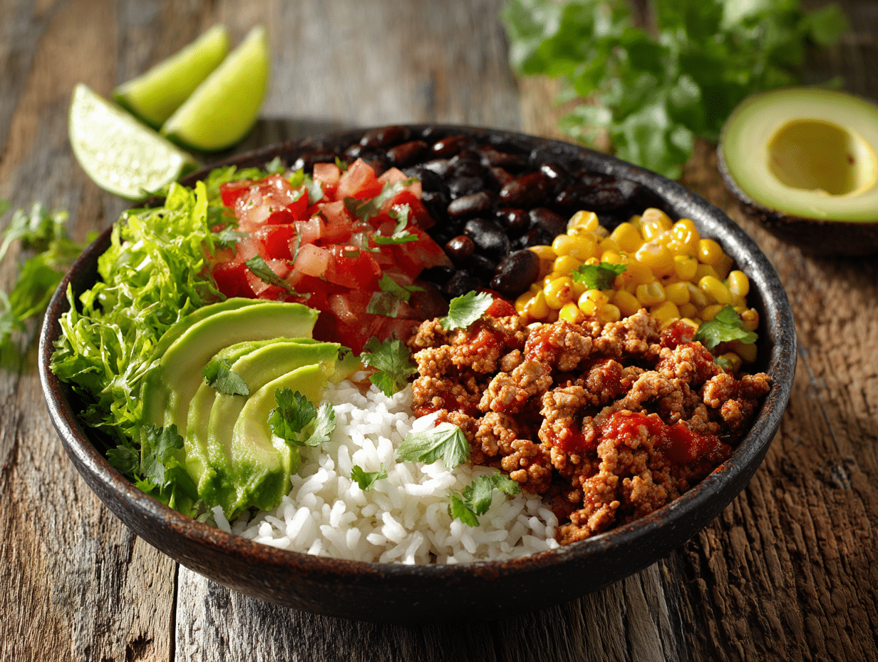 Turkey Taco Rice Bowls: Delicious, Fast Weeknight Dinner 4 Turkey Taco Rice Bowls with rice, turkey, beans, and toppings