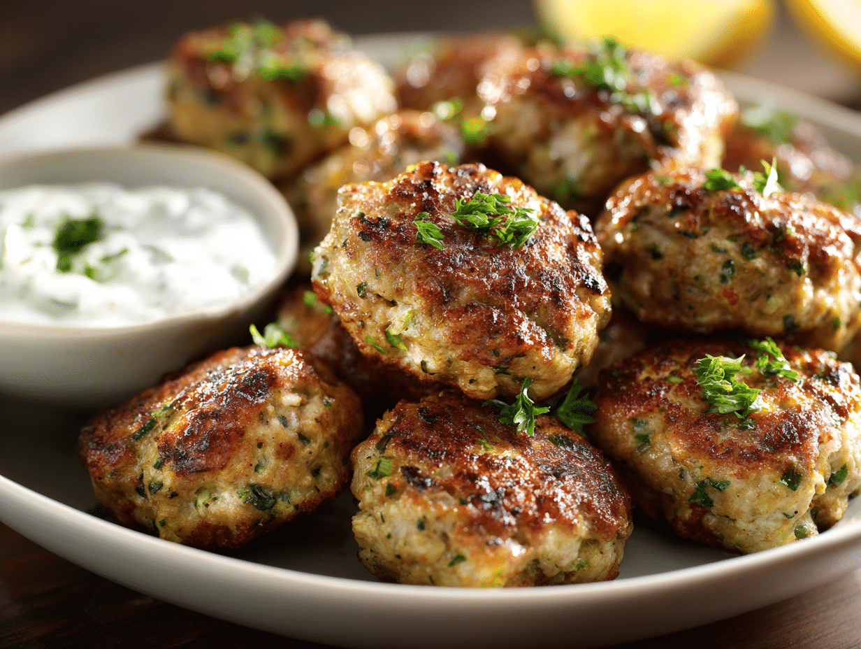 Turkey Zucchini Meatballs That Stay Juicy and Never Dry 4 turkey zucchini meatballs plated with yogurt sauce