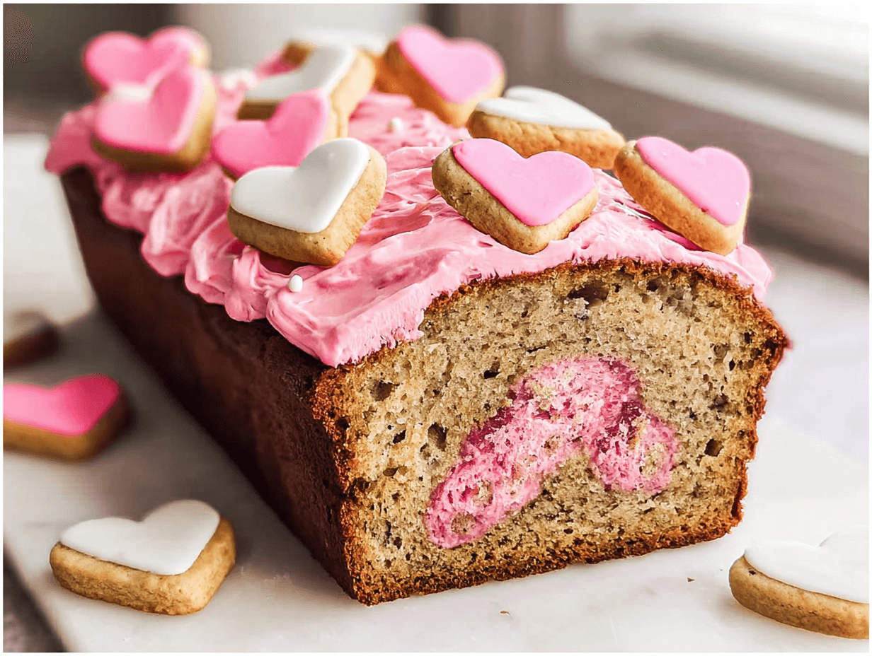 Valentine’s Day Banana Bread That Feels Homemade, Sweet, and Full of Love 1 Valentine’s Day Banana Bread topped with pink frosting and heart cookies