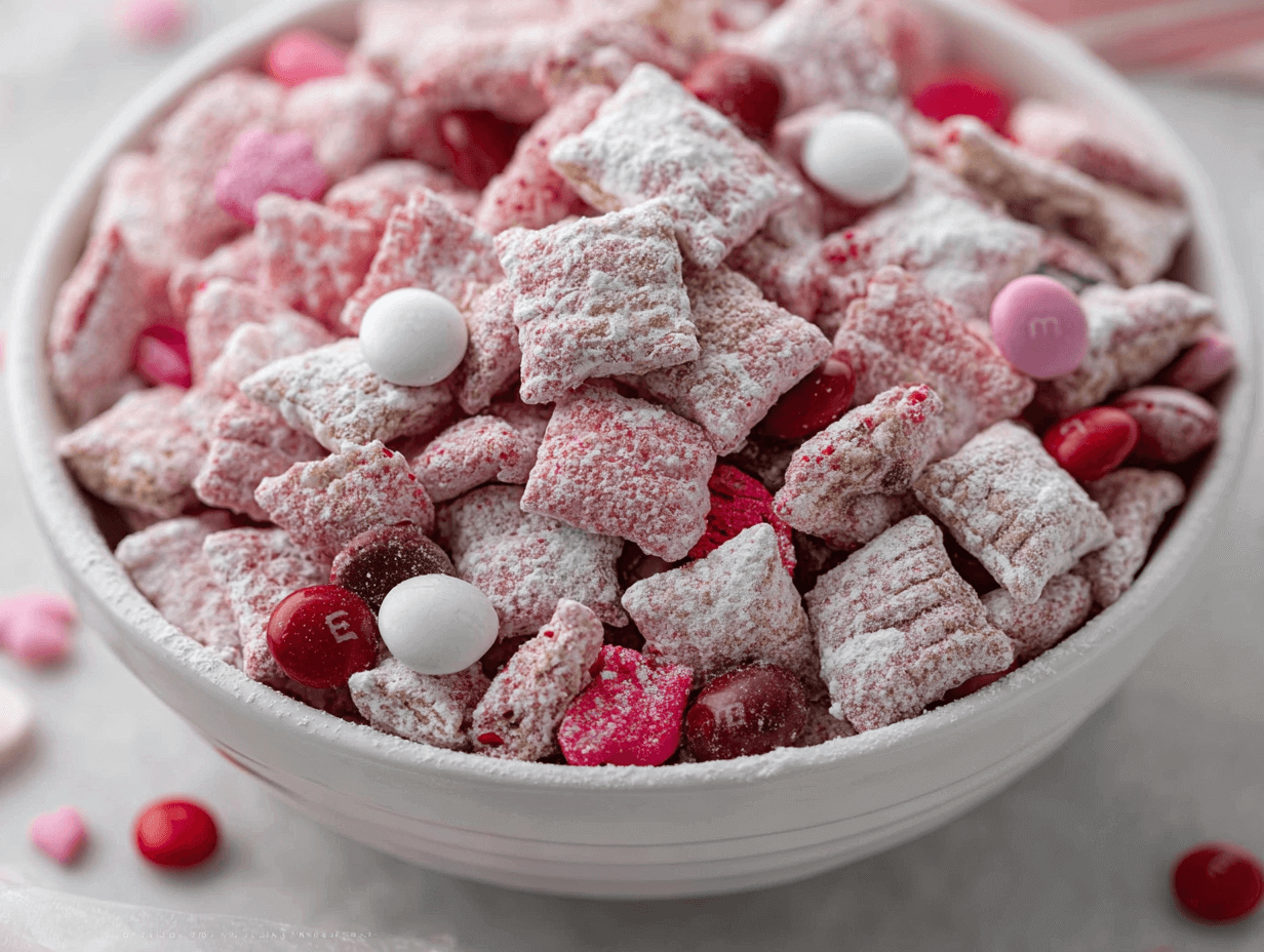 Valentine’s Day Muddy Buddies: Easy No-Bake Treat (15 Minutes) 2 Valentine’s Day muddy buddies made with Chex cereal, pink candy melts, powdered sugar, and Valentine’s M&M’s