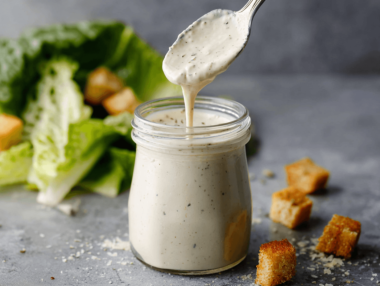 Vegan Caesar Dressing Recipe That Tastes Bold and Creamy 4 vegan caesar dressing recipe top view with pepper and croutons