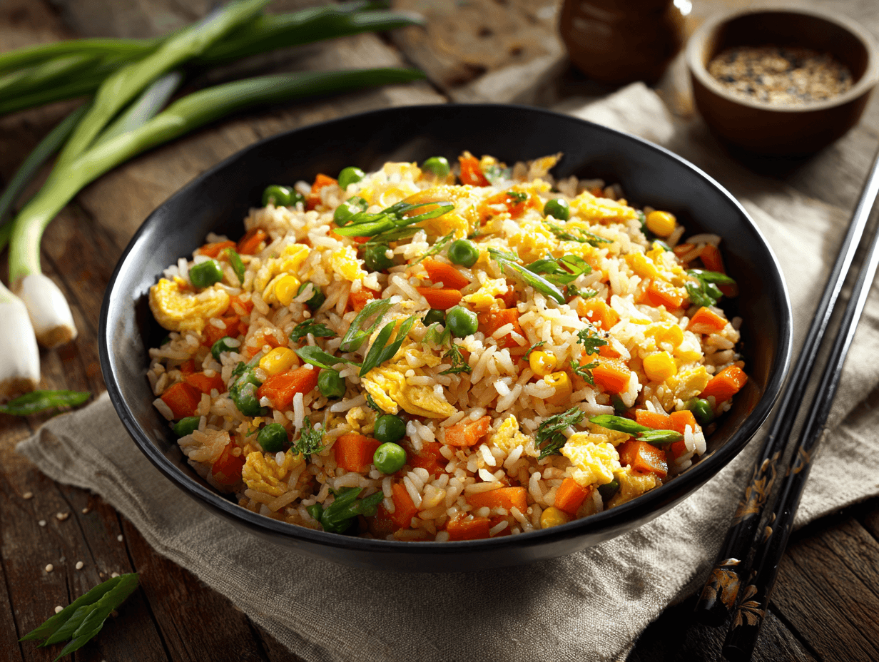 Veggie Fried Rice with Egg – The Best Easy Homemade Version 4 Veggie fried rice with egg in a bowl with colorful vegetables