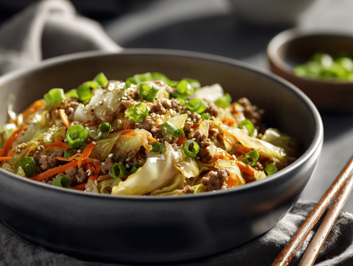 Veggie-Packed Egg Roll in a Bowl That Tastes Better Than Takeout 4 Veggie-Packed Egg Roll in a Bowl with ground turkey and coleslaw mix