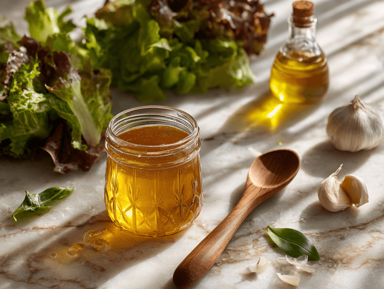 Apple Cider Vinegar Dressing Recipe 4 apple cider vinegar dressing in a glass jar with fresh salad ingredients