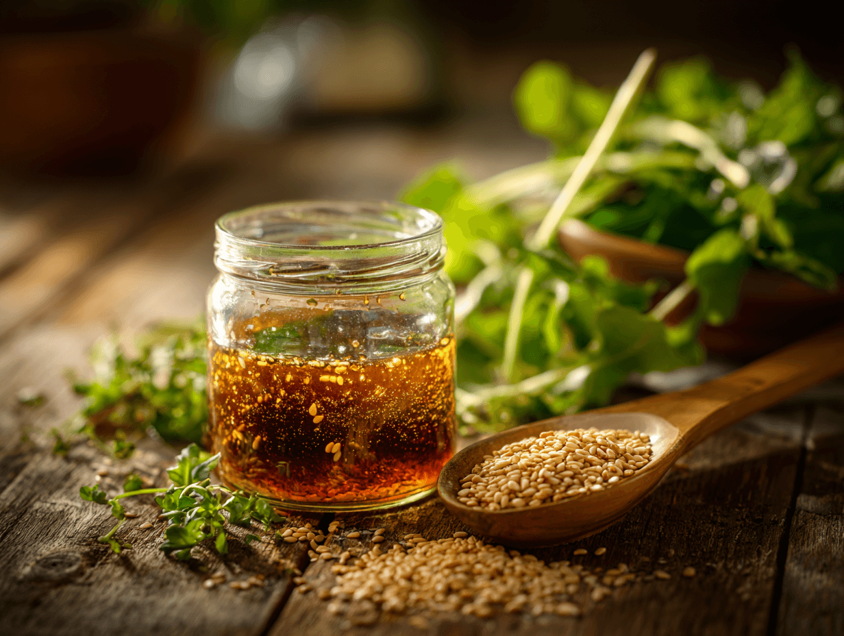 Asian Sesame Dressing Recipe You’ll Make Every Week 1 Asian sesame dressing in glass jar with fresh salad ingredients