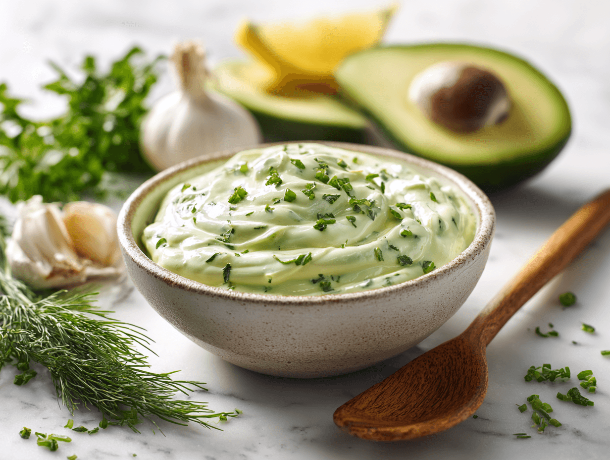 Avocado Ranch Dressing Recipe: Creamy, Fresh, and Easy 4 avocado ranch dressing in a bowl with fresh herbs and avocado