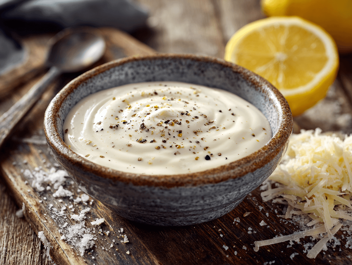 Caesar Dressing Without Anchovies (Creamy, Bold, Classic Flavor) 4 Caesar dressing without anchovies in a bowl with lemon and Parmesan