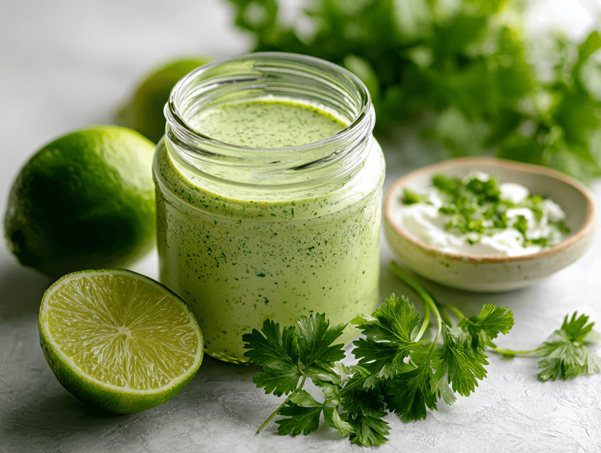 Cilantro Lime Salad Dressing: Best Fresh Homemade Recipe 1 cilantro lime salad dressing in a glass jar with fresh cilantro and lime