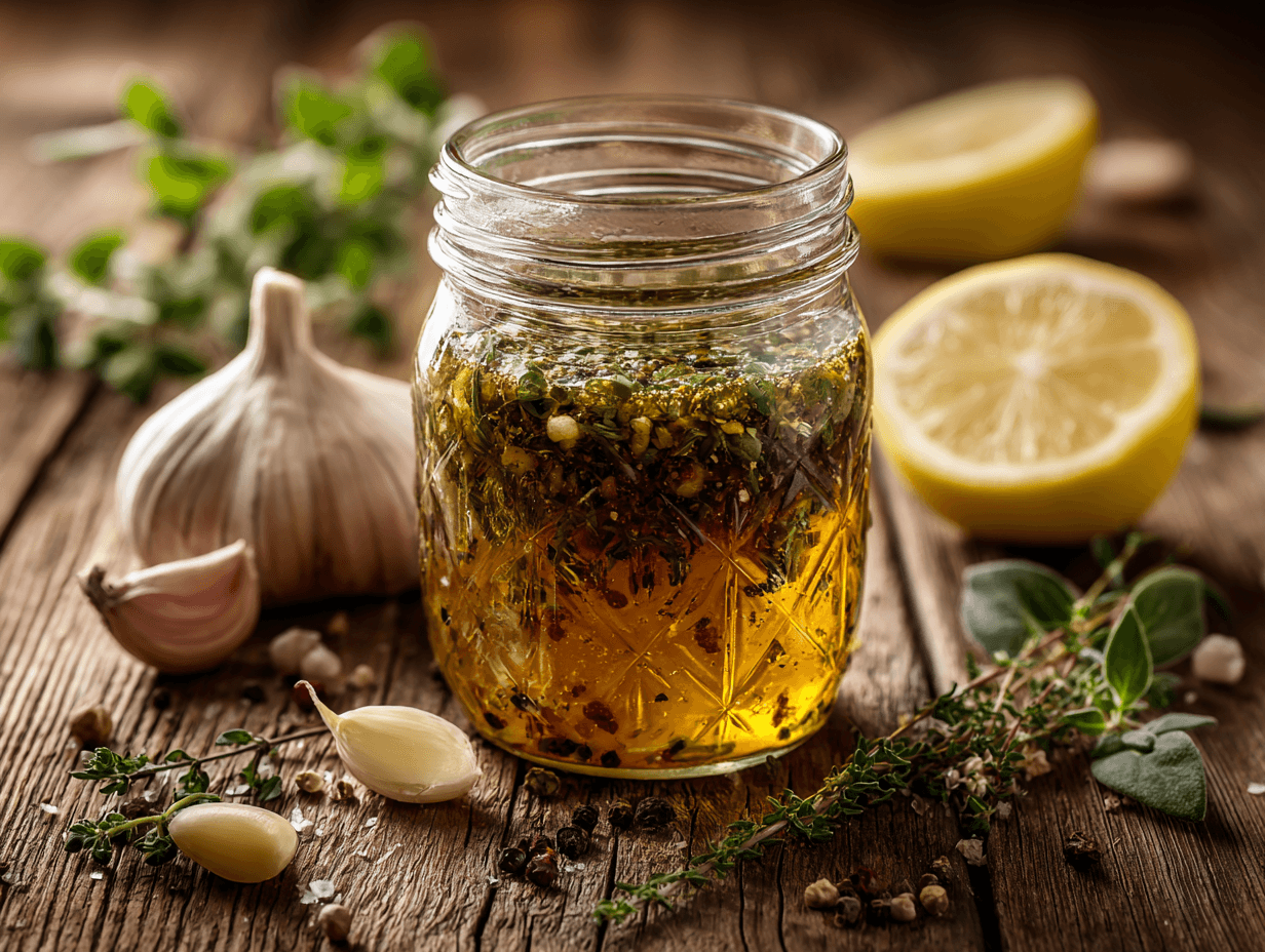 Classic Italian Dressing Recipe (Fresh & Easy) 4 Classic Italian dressing in glass jar with herbs