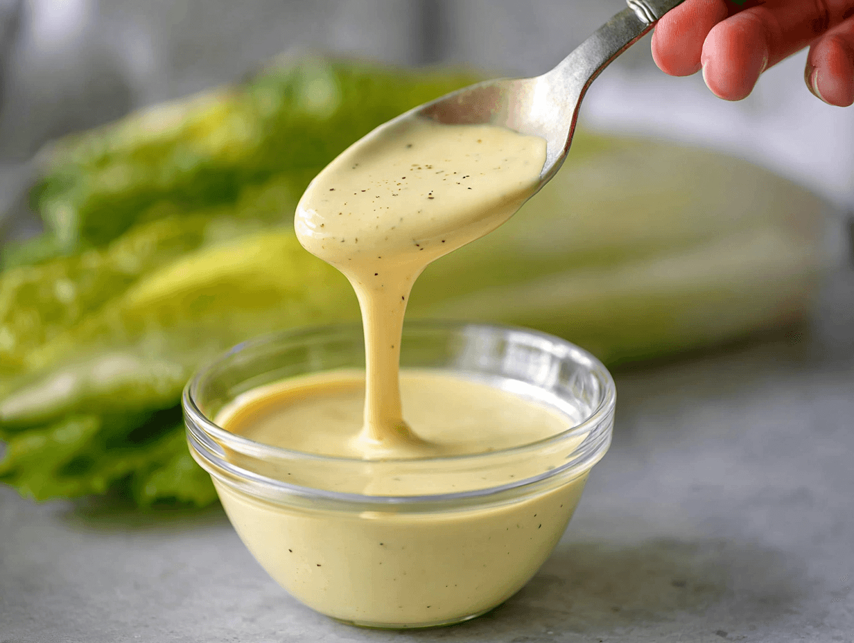 Dairy-Free Healthy Caesar Salad Recipe (Creamy, Light, No Dairy) 4 Dairy-Free Healthy Caesar dressing dripping from spoon into glass bowl