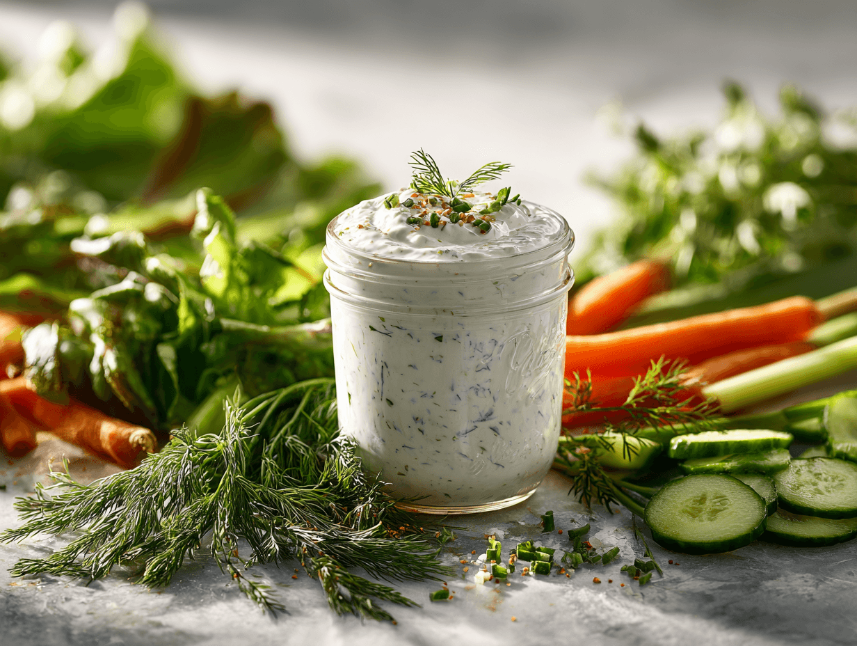 Greek Yogurt Ranch Dressing 4 Greek yogurt ranch dressing in a glass jar with fresh herbs