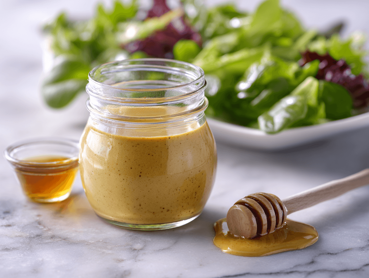 Healthy Honey Mustard Dressing Recipe 4 Healthy honey mustard dressing in a glass jar with salad greens