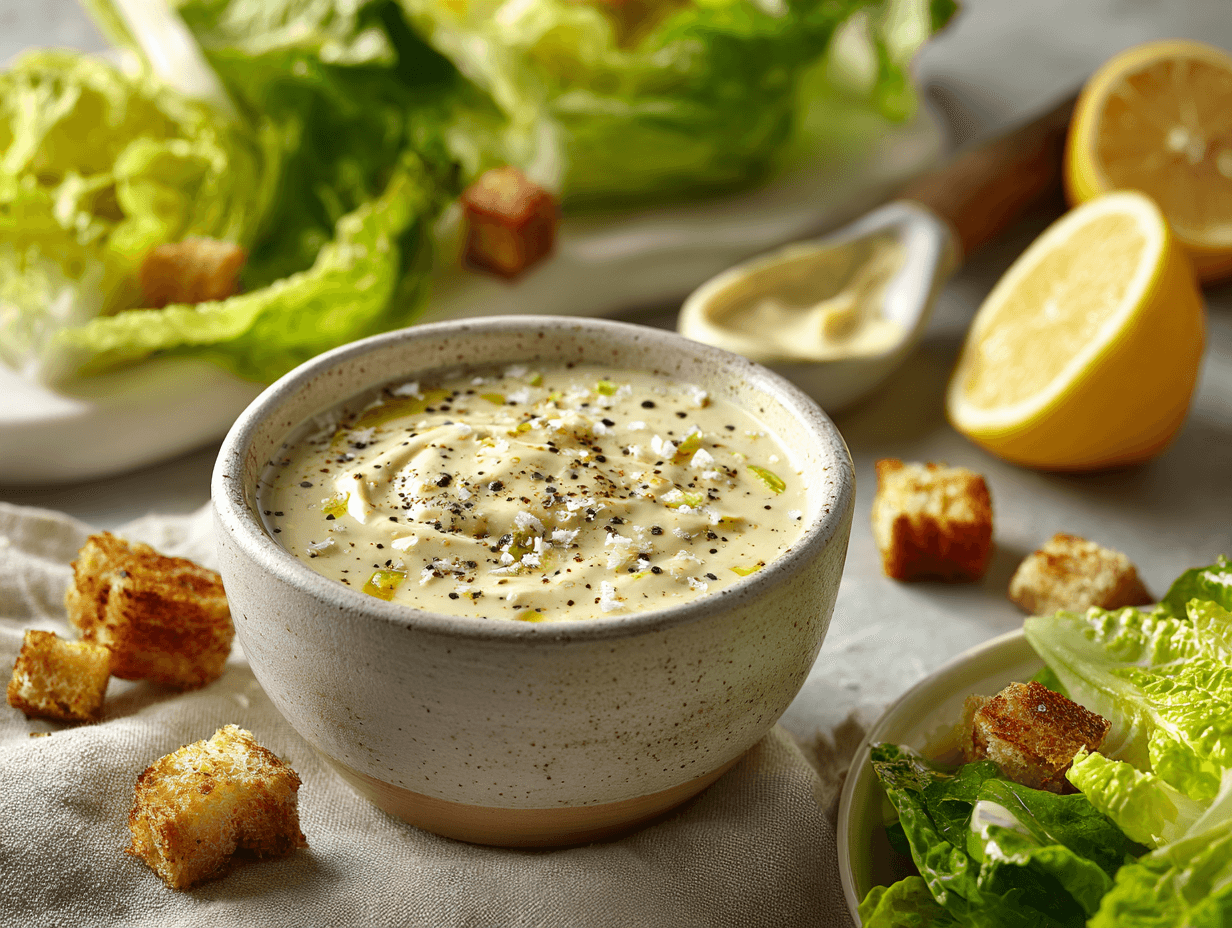 Lemon Dijon Caesar Dressing (Creamy, Bright, Restaurant-Style at Home) 4 Lemon Dijon Caesar dressing in a bowl with lemon and parmesan