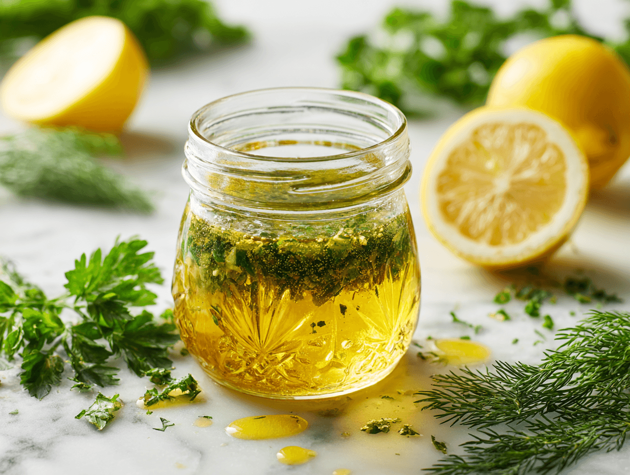 Lemon Herb Vinaigrette Recipe Easy & Fresh 4 Lemon Herb Vinaigrette in a jar with fresh lemon and herbs