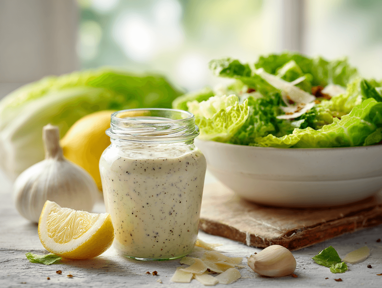 Light Caesar Dressing Recipe (Creamy, Tangy, Easy) 4 Light Caesar Dressing in a jar beside a romaine Caesar salad