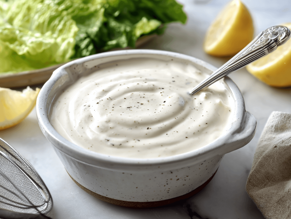 Low Sodium Caesar Dressing (Creamy, Tangy, 5 Minutes) 4 Low Sodium Caesar Dressing in a bowl with romaine and lemon