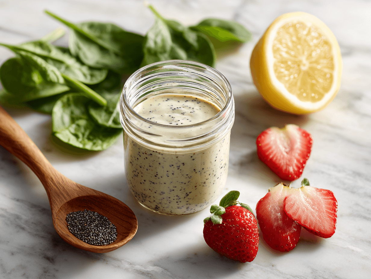 Poppy Seed Dressing Recipe That Tastes Fresh and Creamy 4 poppy seed dressing in a glass jar with spinach and strawberries