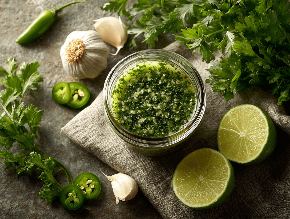 Salsa Verde Dressing Recipe (Fresh & Easy) 4 Salsa verde dressing in a glass jar with fresh herbs and lime
