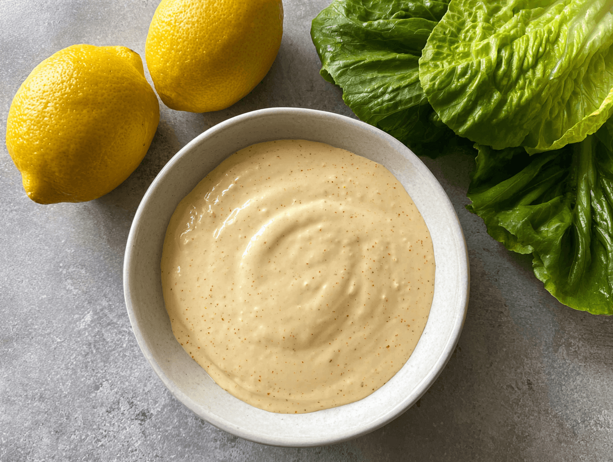 Spicy Caesar Dressing: Bold, Creamy, 10-Minute Homemade Recipe 4 Spicy Caesar Dressing in a white bowl with lemons and romaine lettuce