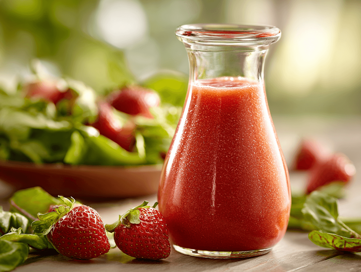 Strawberry Vinaigrette – Fresh, Easy Homemade Dressing 4 Strawberry vinaigrette in glass jar with fresh ingredients