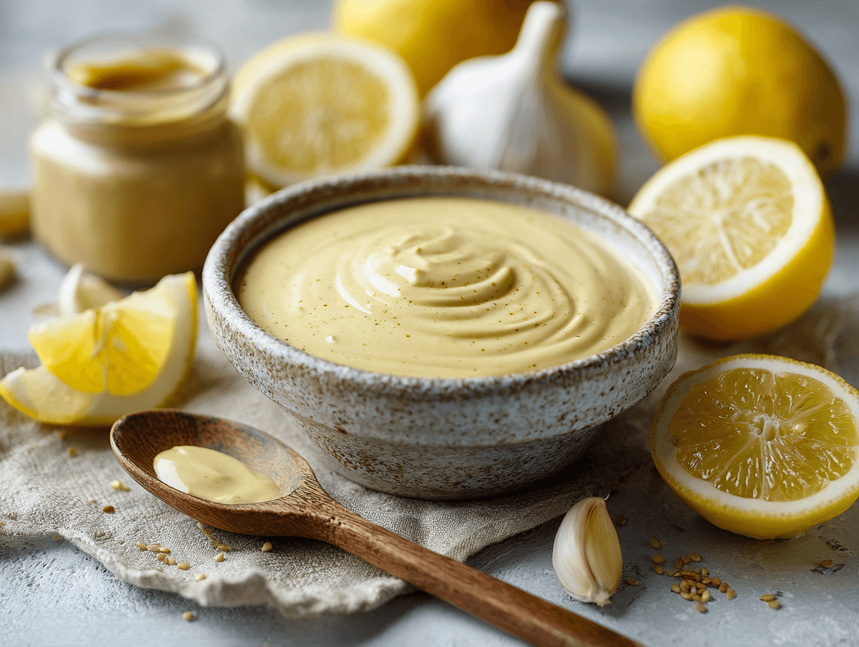 Tahini Lemon Dressing Recipe (Easy, Creamy, 5-Minute) 4 tahini lemon dressing in a bowl with fresh lemons and tahini