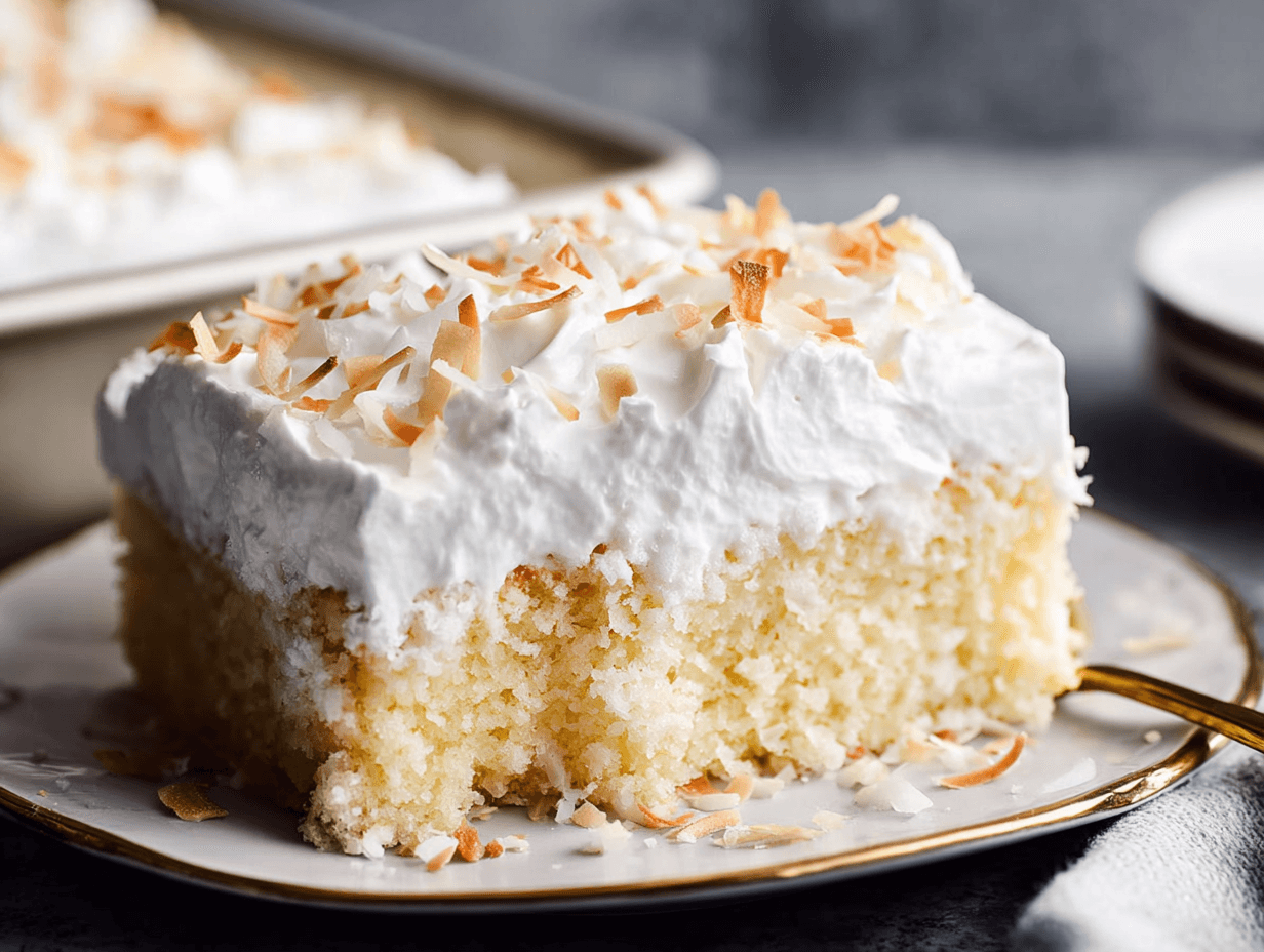 Tres Leches Coconut Cake That Tastes Bright and Comforting 4 tres leches coconut cake sliced with whipped topping and toasted coconut