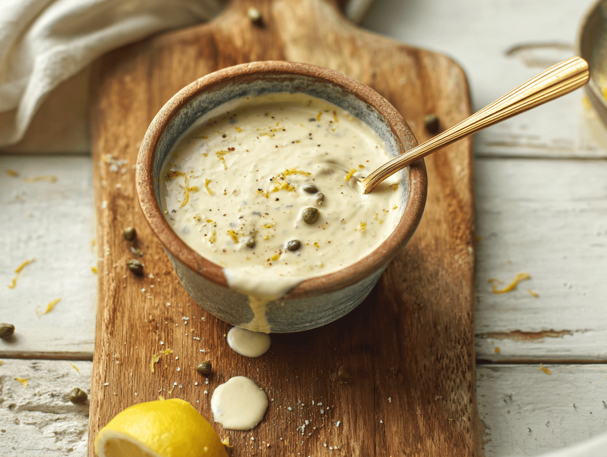 Vegan Caesar Dressing Recipe (Creamy + Easy) 4 Creamy vegan Caesar dressing in a bowl with capers and lemon on a wooden board