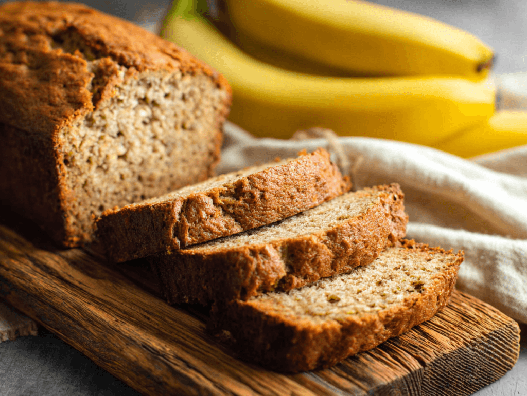 protein banana bread sliced loaf with bananas and Greek yogurt
