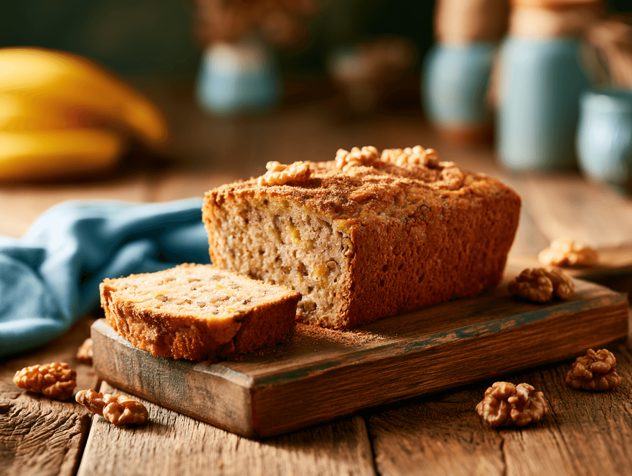 Banana Nut Bread Greek Yogurt Recipe That Stays Moist for Days 1 banana nut bread greek yogurt loaf sliced on wooden table